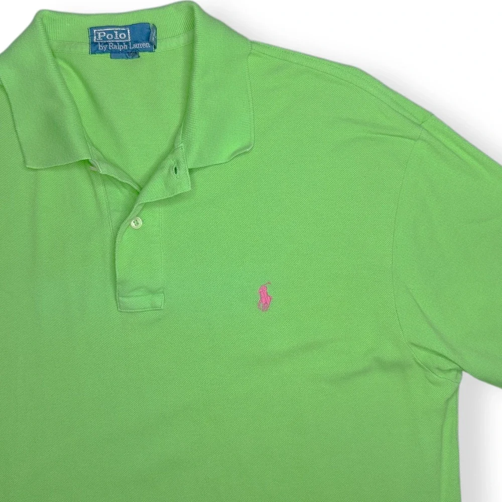 Polo Ralph Lauren Men's L Green Short Sleeve Polo Shirt Pink Pony 100% Cotton‎